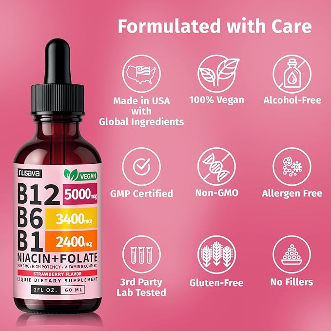 (4 Pack) Vitamin B12 and B6 Liquid Drops, B12 Sublingual Vitamin B Complex - B 12 Vitamin 5000mcg - B12 Methylcobalamin for Energy, Brain, and Heart Support with 27,200 mcg, Strawberry, 80 Servings