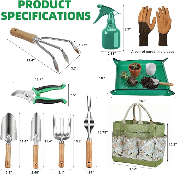 Gardening Tools 10 Pack Heavy Duty Rust-Proof Garden Tool Set with Organizer Tote Bag,Sturdy Repotting Mat,Gardening Gifts for Women Mom(Green)