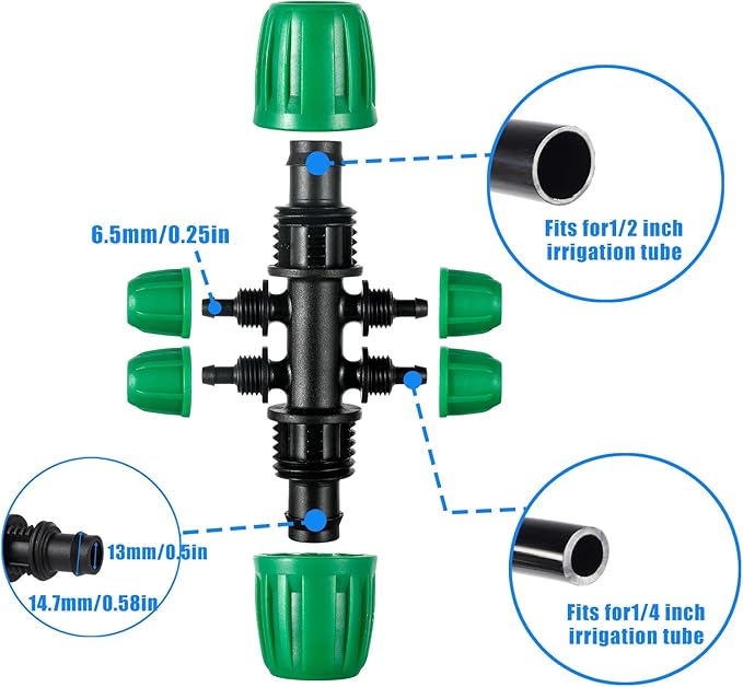 10 Pcs 1/2 to 1/4 inch Garden Hose Tubing Irrigation Fittings,6-Way Anti-Leak 1/2'' to 1/4'' Locked Barbed Drip Irrigation Tee Connectors (1/2"IDx0.6-0.63"OD) 1/2'' to 1/4'' Irrigation Tubing Fitting