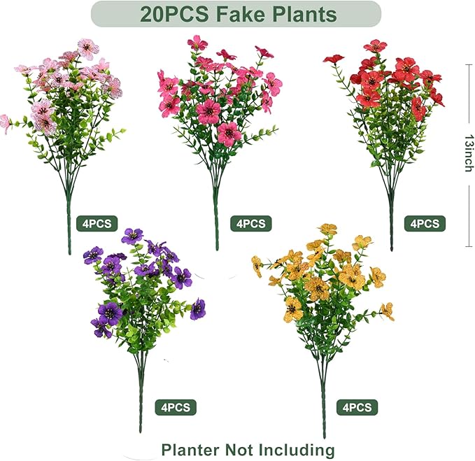 trytuny Artificial Flowers for Outdoor, UV Resistant Fake Silk Flowers, Realistic Faux Plants for Outside Indoor Porch Patio Window Box Planter Home Decor (20, Yellow Purple Rosy Pink Red)