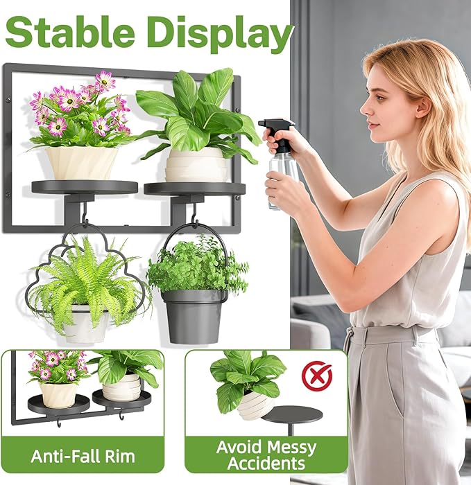 iDavosic.ly Wall Plant Picture Frame Holder with 2 Trays for Indoor, Metal Stand with Hanging Hooks, Floating Flower Display Decor, Space Saving & Easy to Assemble (Pots/Chains/Plants Not Included)