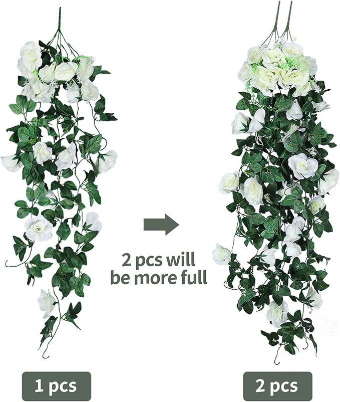 RECUTMS Artificial Hanging Rose Plant 4Pieces 3.3Ft Faux Ivy Plants Fake Outdoor Flowers Vines,UV Resistant for Wedding, Home, Office, Arch,Arrangement Decoration (White)