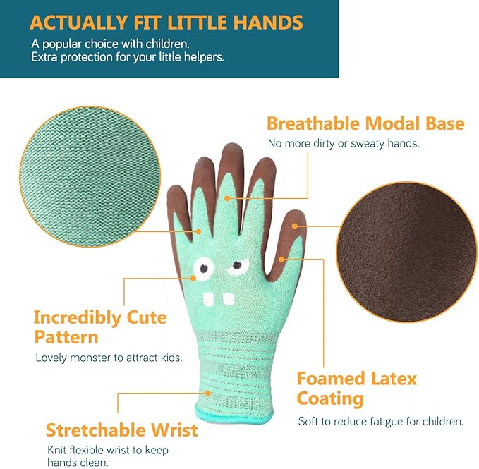COOLJOB 2 Pairs Modal Toddler Work Gloves Ages 2-5, Rubber Coated Kids Gardening Gloves for Children, Ultra Soft Skin-friendly (Little Monster Series, Small S)