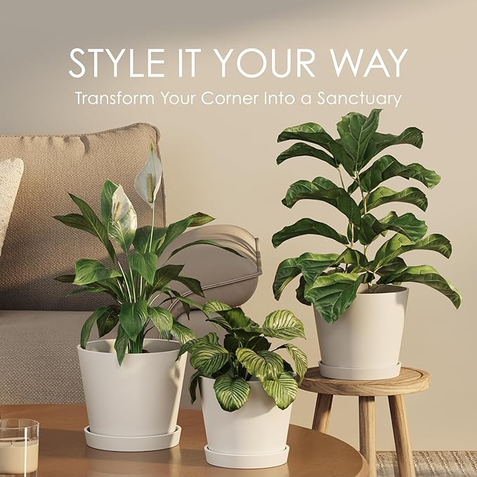 Bamworld 3 Pack Plastic Plant Pots with Drainage Holes and Saucers 6/7/8 Inch 5mm Thick Modern Decorative Flower Pots for Indoor Outdoor Plants White