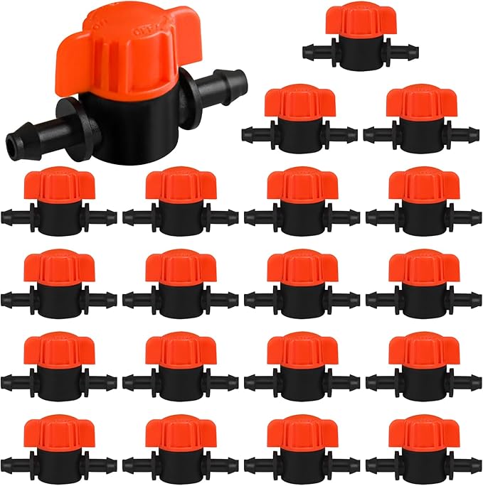 20 Pack 1/4 Inch Drip Irrigation Valve Fittings - 1/4'' Drip In-Line Shut Off Valve Anti-Drop Barbed Flow Control Valve Connectors for 1/4 Inch Drip Tubing System