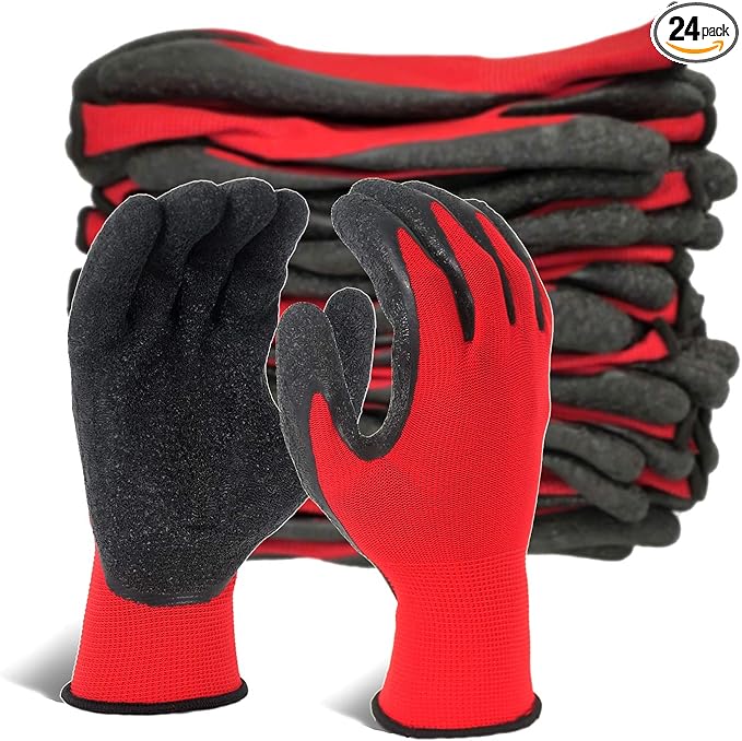 Evridwear Crinkle Latex Rubber Hand Coated Safety Work Gloves for Men Women General Multi Use Construction Warehouse Gardening Assembly Landscaping,Red Medium 12 Pairs Pack