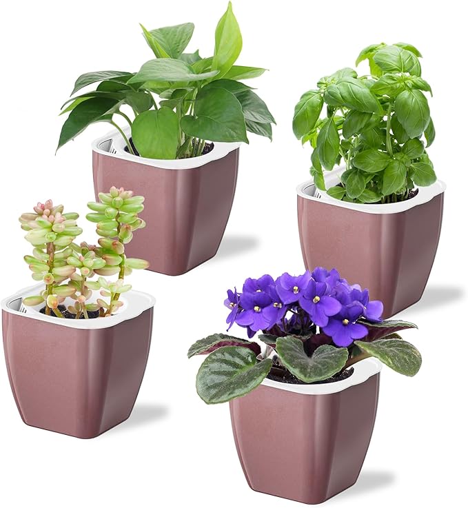 Oliz 4 Pack Self Watering Pots 4-inch Decorative Flower Planters for Indoor Plants Modern Square planters for Small Plants Window Sill Planters for Succulents, African Violets, Herbs(Rose Gold)