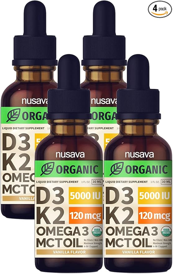 NUSAVA (4 Pack) Organic Vitamin D3 K2 Drops with MCT Oil Omega 3, 5000 IU, Maximum Strength Vitamin D Liquid - No Fillers, Non-GMO Liquid D3 for Faster Absorption & Immune Support (Vanilla, 4 Fl Oz)