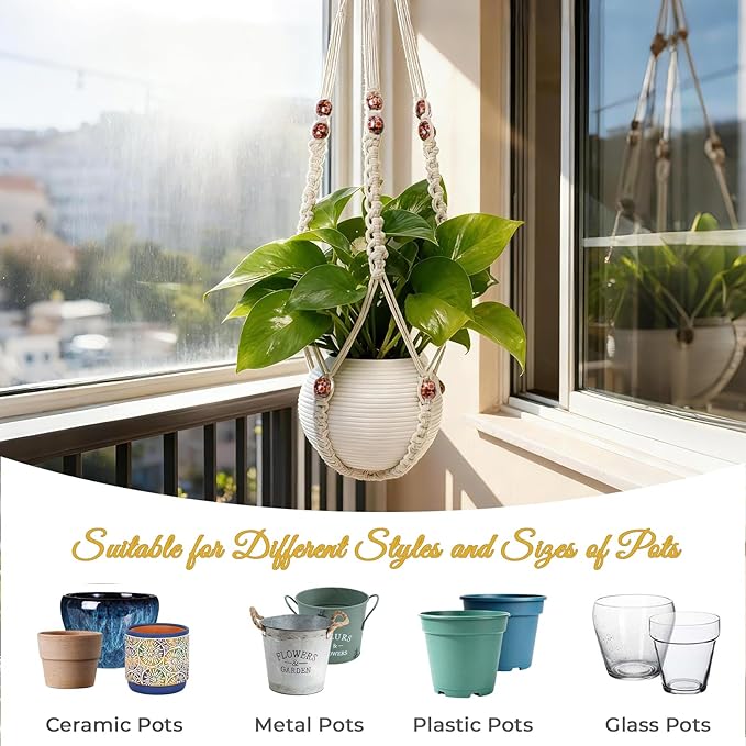 35 Inch Macrame Plant Hanger, Large for up to 15 Inch Pot Extra Long Hanging Planter Holder Basket with Wood Beads for Indoor Outdoor Home Decor (Ivory, 2-Pack)