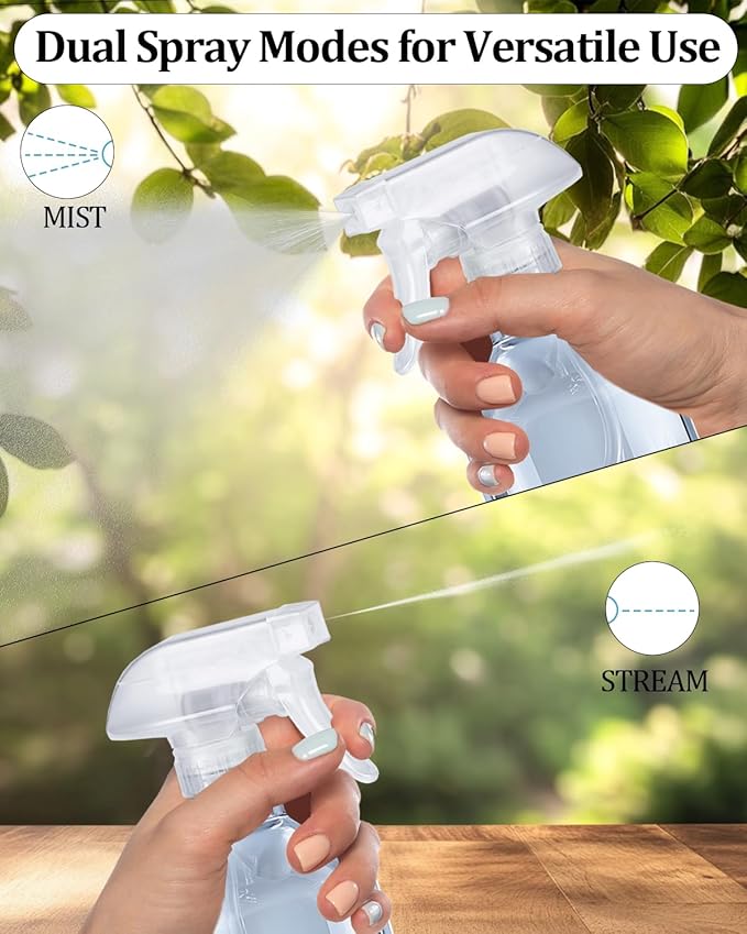 2 Pack 360° Spray Bottles, 10 oz Plastic Small Containers with Adjustable Spray Nozzles, Spray Bottles for Hair, Cleaning Solutions, BBQ and Plants Clear