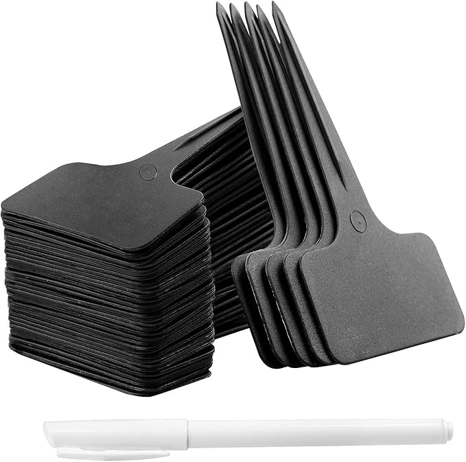 Whaline 100 Pcs Plastic Plant Labels Black T-Type Garden Stake Tags Waterproof Plant Markers Reusable Plants Signs for Outdoor Indoor Nursery Potted Plants Seed with A White Marker Pen (6 x 10 cm)