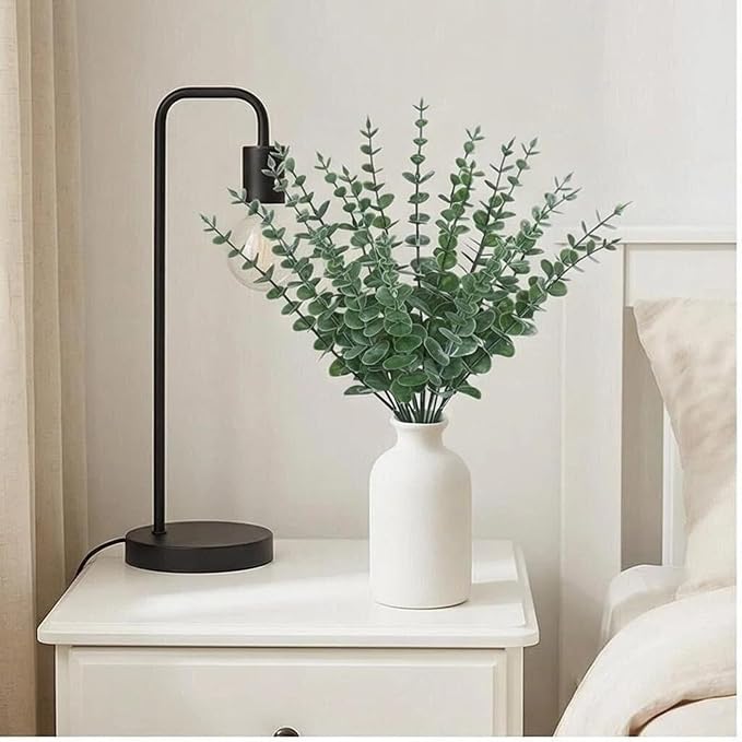 16" Artificial Eucalyptus Stems Potted Plant - Realistic Small Fake Desk Plants for Office Home Decor, Faux Plants in Frosted Ceramic Vase for Indoor Spaces, Wedding Centerpieces Table Decor（20 pcs）