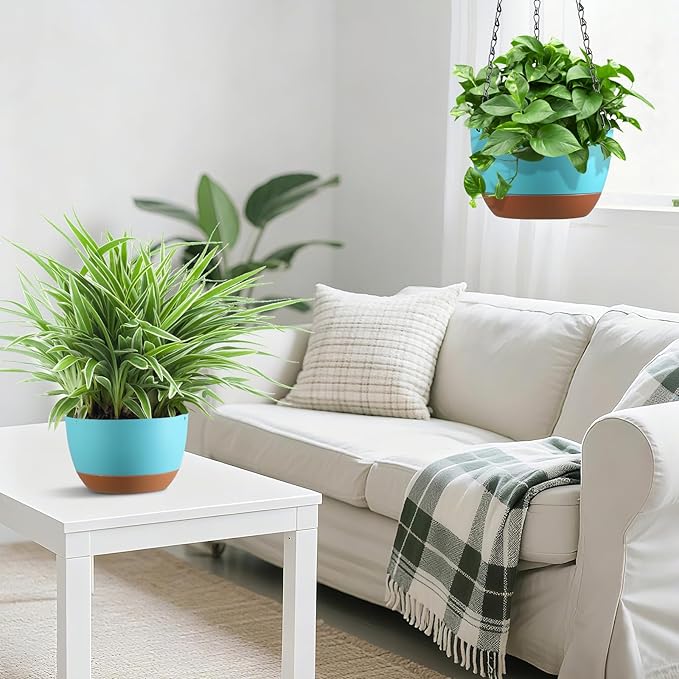 Set of 2 Hanging Planters for Indoor Outdoor Plants, 8 Inch Self-Watering Hanging Flower Pots with Drainage Hole & Removable Water-Storage Tray (Hooks)