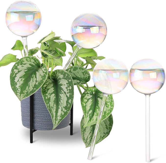 Soilagua 13 oz Up to 2 Weeks Extra Large Plant Self Watering Globes, Light Iridescent Glass Water Bulb Indoor, Plant Waterer Self-Watering Stakes, Perfect Gardening Gifts, 4 Pack