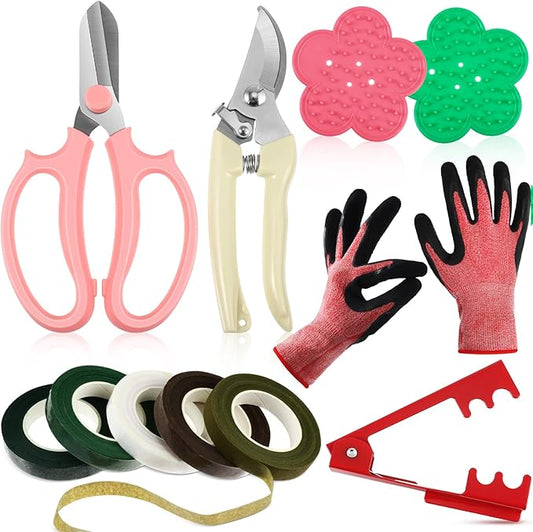 WILLBOND Floral Arrangement Kit, Valentine Rose Thorn Stripper Tool Garden Pruning Shears Scissors Rose Thorn Remover Pruner Trimmer Gloves Tapes Florist Garden Tool Gift Kit for Women(Pink)