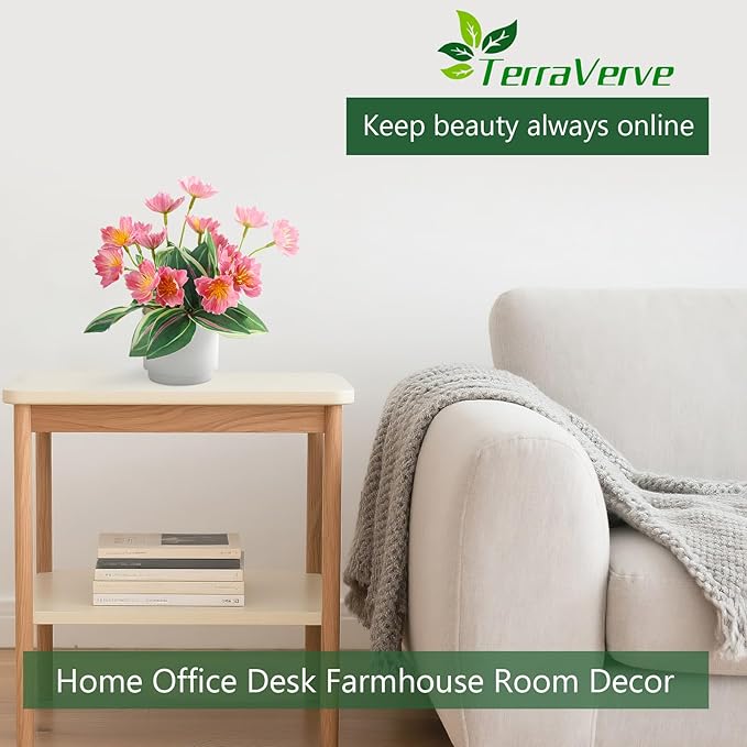2-Piece Artificial Mums Set & Silk Flowers| Fake Flowers Indoor Planters for Living Room, Bedroom, Bathroom & Office Decor | Boho Style Artificial Plants & Flowers Decor