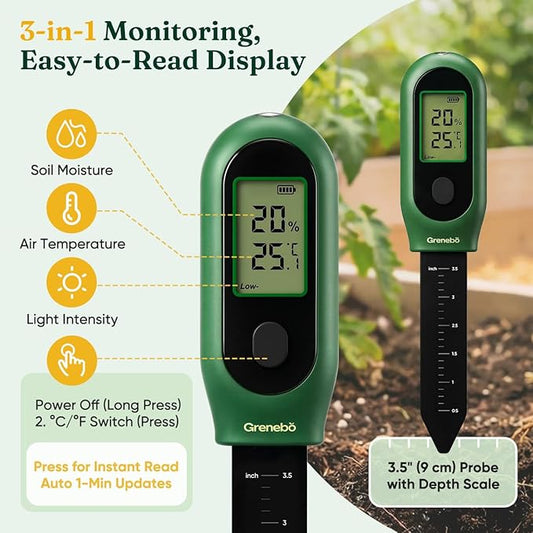 Grenebo 3-in-1 Soil Moisture Meter, Digital Plant Water Meter, Temperature & Sunlight Intensity Sensor, LCD Display Soil Tester for Gardening, Farming, Plant Care, Indoor & Outdoor Plants, 2 Pack