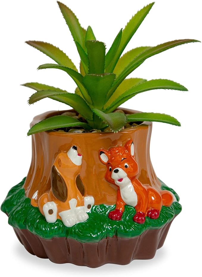 Disney The Fox and The Hound 4-Inch Ceramic Mini Planter with Artificial Succulent | Cute Small Flower Pot, Faux Indoor Plants