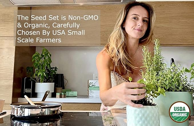 Indoor Herb Garden Starter Kit, 10 Gardening Seed Pack with Plant Markers, Growing Pots, Soil Discs, Wooden Box, DIY Kits for Growing Herbs Basil Thyme Parsley Cilantro