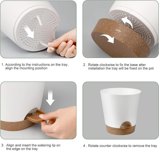 YNNICO Indoor Self Watering Planters with Drainage Holes and Saucers, 8, 7, 6.5, 6, 5.5, 5 Inches, White, 6 Pots