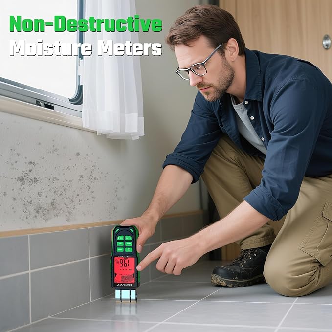 RDINSCOS Pinless Moisture Meter for Wood, Cement, Floors, Drywall, Concrete and Plaster – Non-Invasive Digital Damp Detector with 40mm Depth, REF Mode, Backlit LCD, for Home and Professional Use