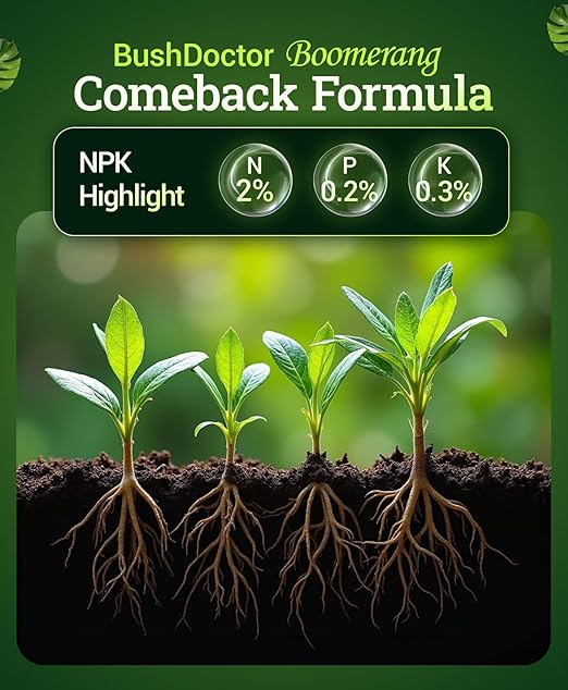 FoxFarm Bush Doctor Boomerang - 2-0.2-0.3 Comeback Formula - Microbial-Based Liquid Plant Fertilizer for Root Zone Support, Immediate Nutrient Uptake - Helps Plants Recover from Abiotic Stress-1Gallon