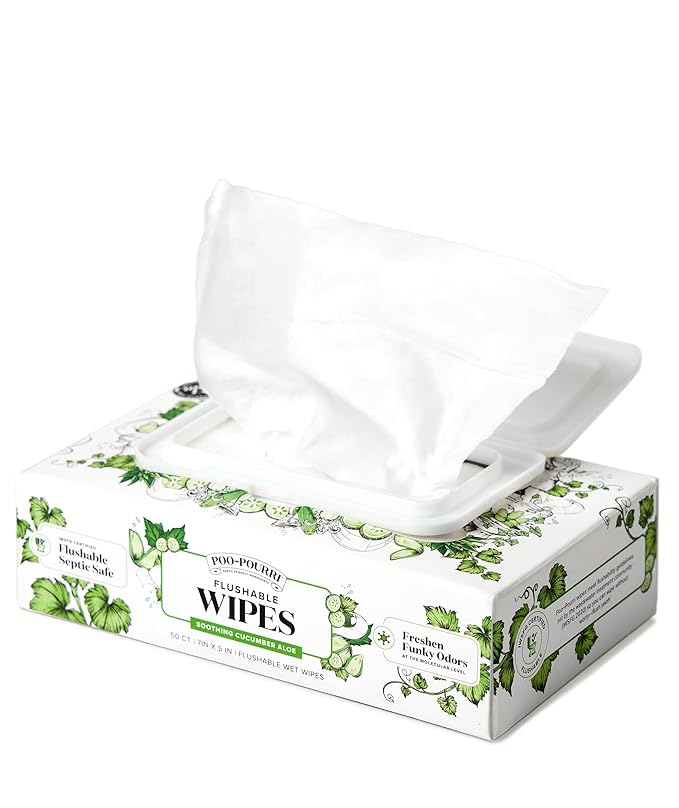 Poo~Pourri Flushable Wipes - Made with Plant Based Fibers, Aloe, Vitamin E, Chamomile, and Oat Extract - Adult Wet Wipes - Cucumber & Aloe Essential Oil - 50 count Dispenser Box - Sewer & Septic Safe