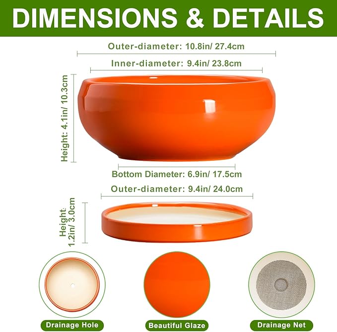 Bonsai Tree Pots - 10 Inch Ceramic Pots for Succulent Indoor Outdoor, Bonsai Pot with Drainage Hole and Tray, Round Planter Bowl, Shallow Planter, Home Decor, Housewarming Gift, Orange