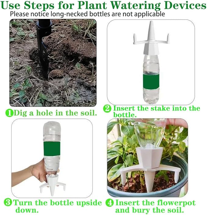 4 Set Durable Automatic Plant Watering Devices, 15~20 Days Large Capacity Plant Watering Spikes, Vacation Self Water Stakes, Plastic Bottle Self Watering Planter Insert, Soak in Boiling Water 1 Night