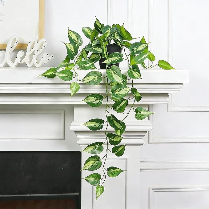 Fake Pothos Hanging Plants with Pots, 33.5" Set of 2 Faux Ivy Vines, Realistic Silk Artificial Plants Greenery for Home Indoor Decor, Living Room, Desk Shelf, Bathroom Decoration