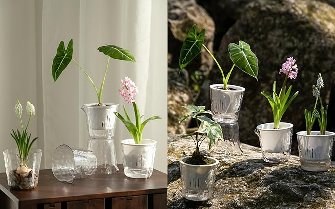 4 Inch Glacier-Textured Self Watering Garden Pots,4 Pack Clear Plastic Planters with Water Filling Spout,Flowerpot with Inner Pot for Indoor Plants,African Violets,Herbs,Succulents(Cream white)