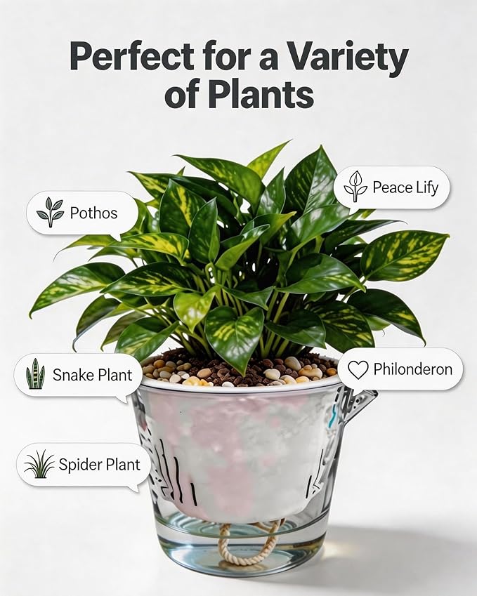 3-Pack Clear Self Watering Plant Pots, 5 Inch Clear Flower Pots with Drainage Holes, Tray and Rope, Plastic Self Watering Planters for Indoor Outdoor Garden Plants, African Violet, Herbs
