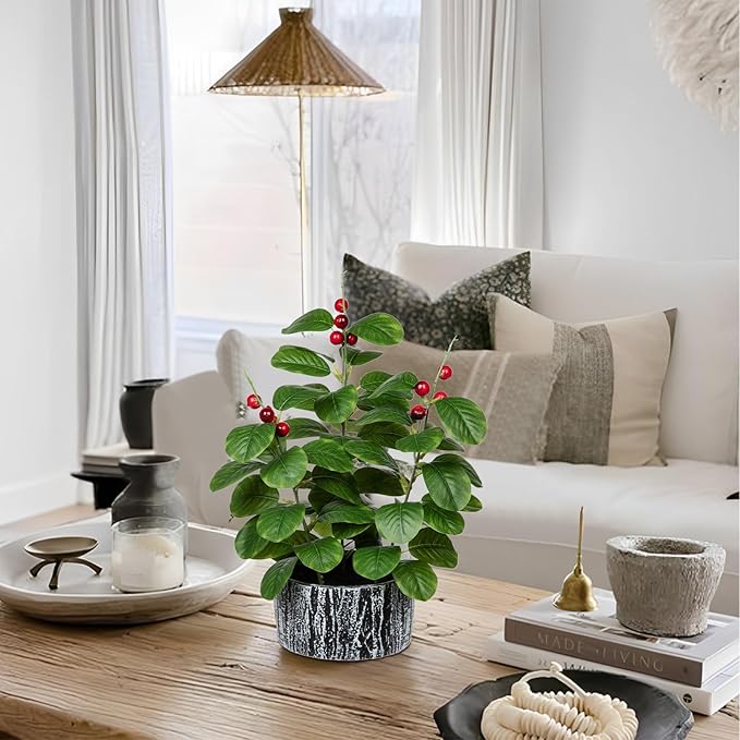 GnFlus Artificial Plants Decor Greenery Fake Ficus Leaf with Red Seeds Indoor Potted 14" Fake Plant in Rustic Black Ceramic Planter for Farmhouse Room Christmas Kitchen Office Table Desk Decor