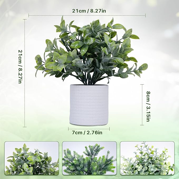 FGSAEOR Mini Potted Fake Plants, Small Artificial Greenery Plants Topiaries, Low Maintenance, Shelf Desk Room Table Office Home Decor (3-Pack) (White Pot - Grey)