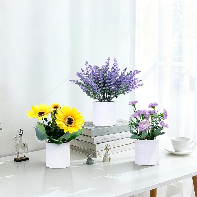 FGSAEOR Mini Potted Fake Plants, Small Artificial Greenery Plants Topiaries, Low Maintenance, Shelf Desk Room Table Office Home Decor (3-Pack) (White Pot - Purple Yellow)