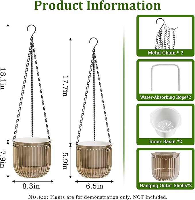 Halatool 2 Pack Hanging Planters Indoor Plant Pots, 6.5" & 8.3" Self Watering Hanging Basket Flower Pot, Translucent Plant Hanger with Drainage Holes for Garden Home Wall Decor (Starry Gray)