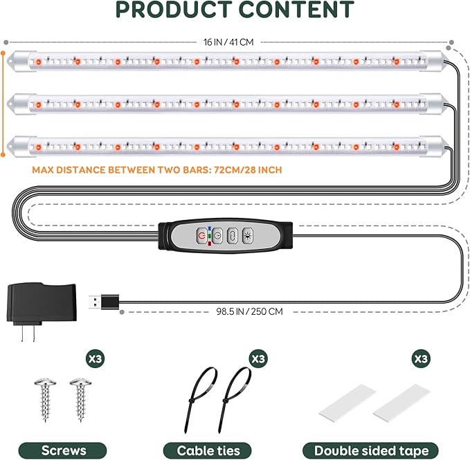 SDOVUERC Tri-Bars Grow Light Strips for Indoor Plants with Auto ON/Off Timer 6/12/18H, 5 Dimmable Levels for Shelves Plant Growing(Pack 1)