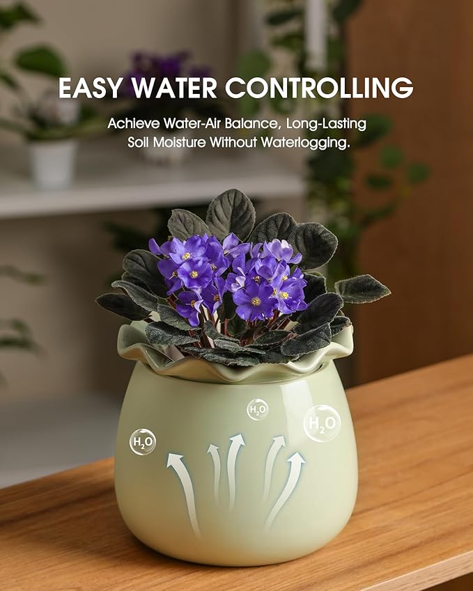 Fayoula Self Watering Plant Pot, 6 Inch African Violet Pots Maintenance, Ceramic Self-Watering Planter for Indoor Plants - Ideal Flower Pot for Thriving Indoor Gardens, Green