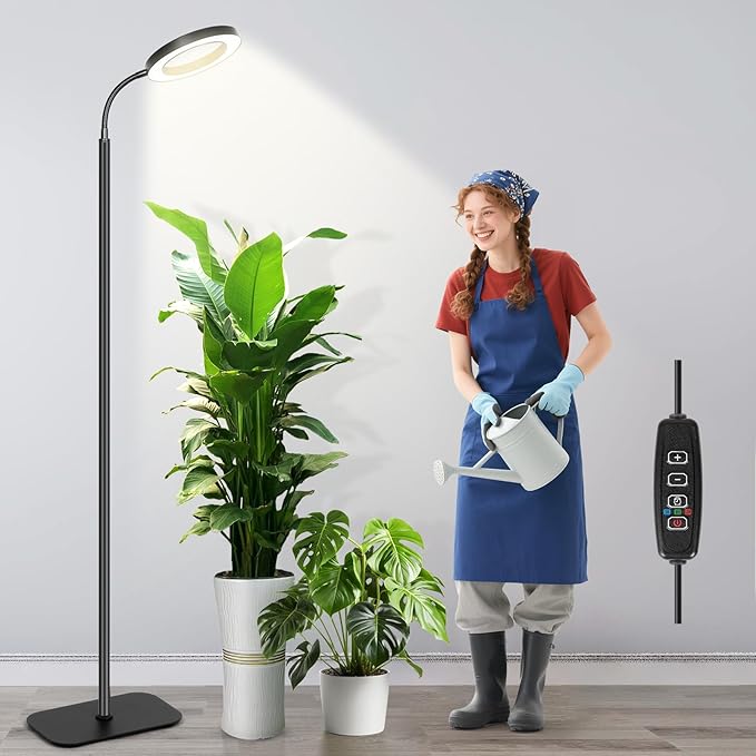 Plant Lights for Indoor Growing, Cord Hidden Standing Grow Lights for Indoor Plants, 20w Full Spectrum LED Grow Lamp for Indoor Plants,3/9/12 h Timer,10 Brightness,70" Height Adjustable, Black