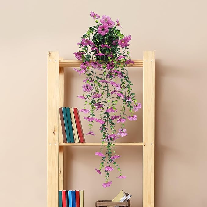 FAVOWREATH Fake Plants Hanging Artificial Potted Faux Eucalyptus Plants and Flowers for Modern Boho Farmhouse Bathroom Office Desk Wall Book Shelf Living Room Aesthetic Decor Indoor (Purple)