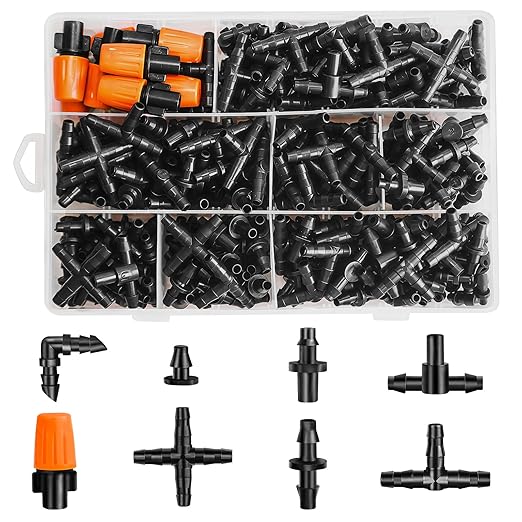 280 Pcs Barbed Connectors Irrigation Fittings Kit, Drip Irrigation Barbed Parts 1/4'' Tubing Kit for Garden Lawn (Nozzles, Nozzle Tees, Single Barbs, Couplings, Tees, Elbows, Plugs, Crosses)