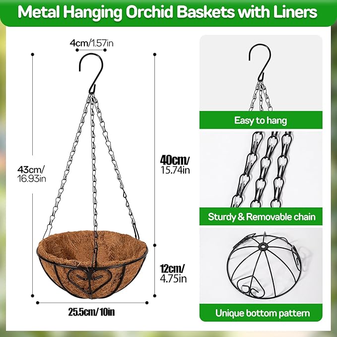 QCQHDU 2 Pack 10 inch Metal Hanging Orchid Baskets for Plants Outdoor, Hanging Orchid Planter Basket with Coco Liners, Orchid Pots with Holes for Garden, Patio, Deck, Porch Plants(Love)