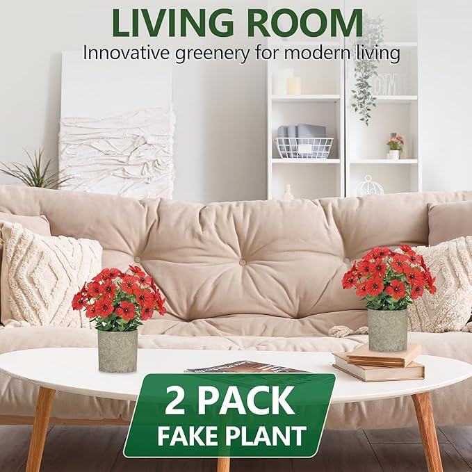FAVOWREATH 2 Pack Small Fake Plants Potted Artificial Plants Artificial Flowers Potted Faux Flower Daisy with Eucalyptus Leaves for Home Decor Office Room Farmhouse Indoor Table Bathroom Decor（Red）
