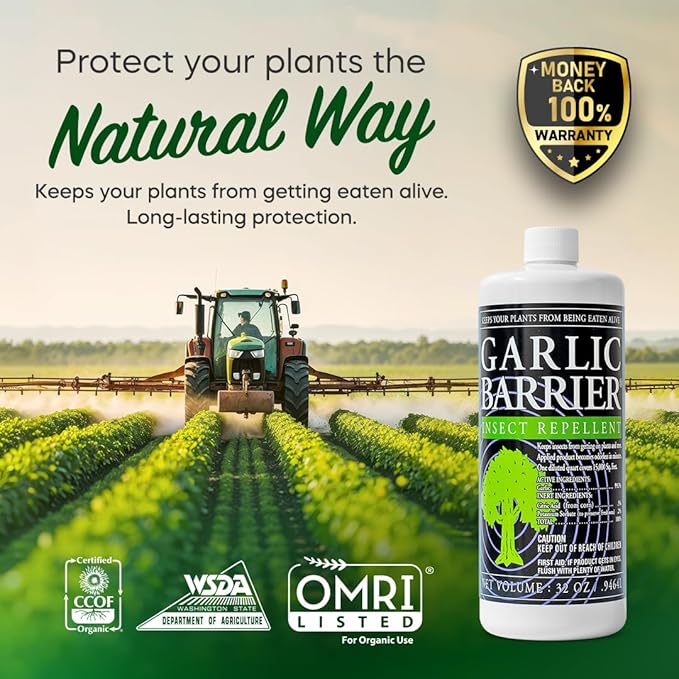Liquid Garlic Insect Repellent Concentrate, 32 fl oz (2 Pack) – OMRI Listed Garlic-Based Formula for Farms, Crops, Gardens & Greenhouses – Indoor & Outdoor Plant Protection