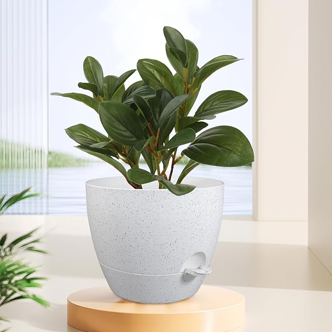 WSMKSZ 12 inch Large Self Watering Pots, Planter, Plant Pots with Multi Mesh Drainage Holes for Indoor Outdoor House Plants and Garden, Plastic Flower Pots with Deep Reservoir, Speckled White