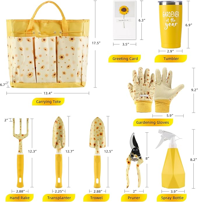 Garden Tool Set with Sunflower Print, Heavy Duty Gardening Hand Tools with Garden Tool Bag,Gardening Gifts for Women&Men,Yellow