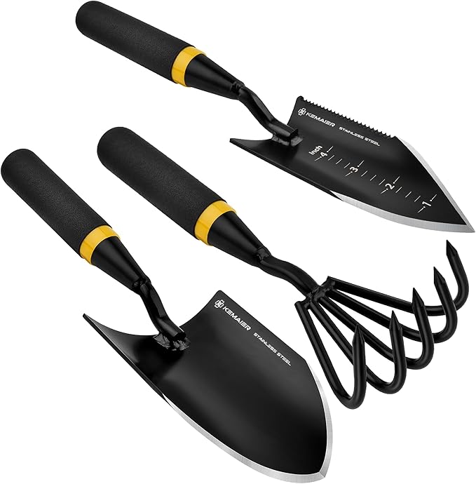 KEMAIER Heavy Duty Stainless Steel Garden Tool Set - Thoughtfully Crafted for Outdoor Patio Use, Perfect for Both Men and Women. Includes Gardening Trowel, Transplanting Shovel, and Hand Cultivators