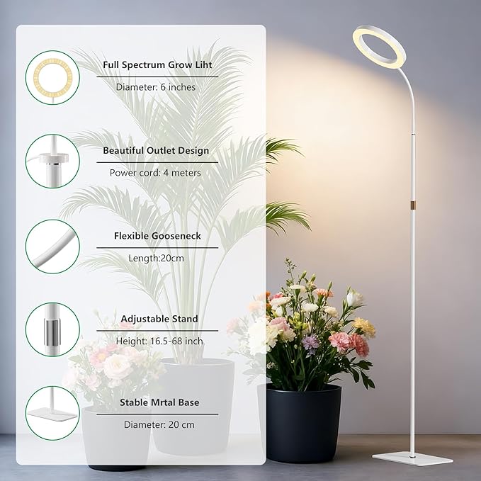 Dual Head Grow Light for Indoor Plants,Full Spectrum Halo Plant Lights with Stand, Floor Standing Growing Lamp with Adjustable Height,Auto Timer,Dimmable Brightness for Tall Large Plant（White