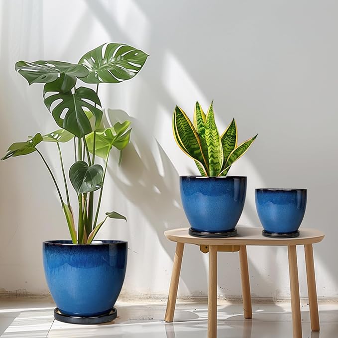 Ceramic Plant Pots 3 Pack - 10 Inch 8 Inch 6 Inch Round Modern Planters with Drainage Holes and Saucers, Flower Pots for Indoor Outdoor, Room Garden House Decor, Gift for Women Men, Blue