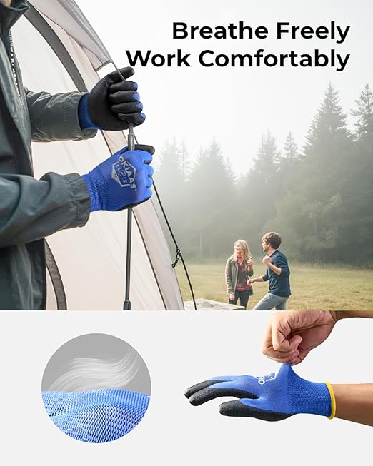 OKIAAS Men's Ultra-Thin and Lightweight Working Gloves with Grip, 12 Pairs Bulk Pack, Construction Gloves with Polyurethane Coating, Safety Gloves for Light Duty Work, Red, Medium